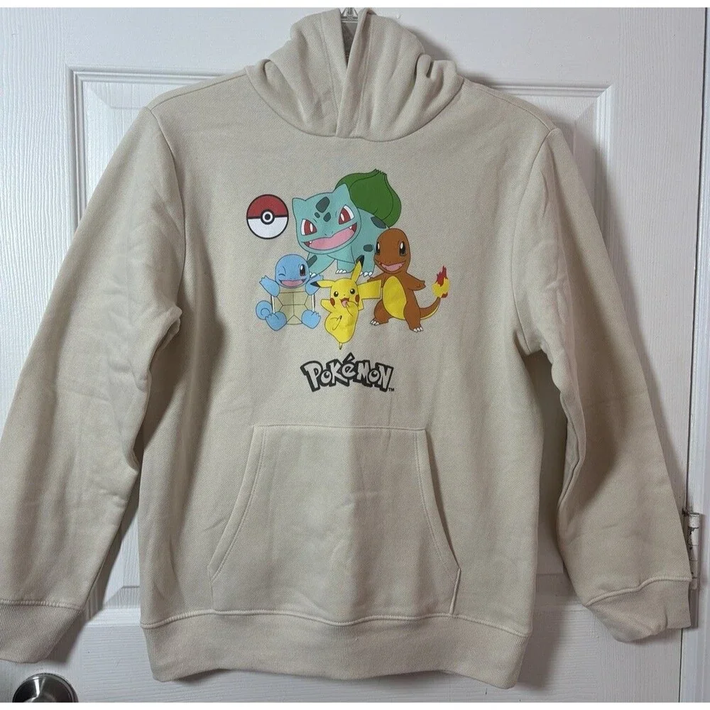 Pokémon Hoodie Youth XL 14/16 Beige Pikachu Charmander Squirtle Bulbasaur New